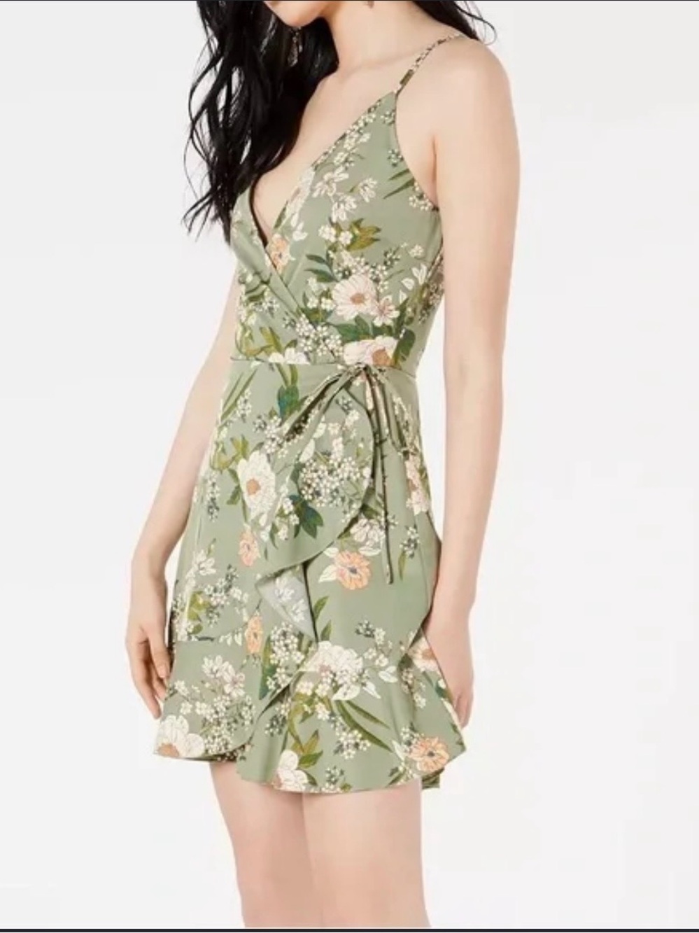 Speechless Floral Faux Wrap Mini Dress Sage Green Size L - Picture 2 of 8